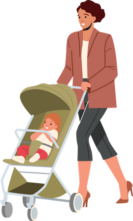 Mamá y bebé en cochecito caminan juntos  Ilustración