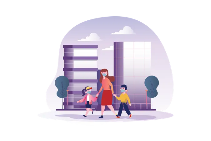 Mamá y niños con máscara caminando por la calle  Ilustración