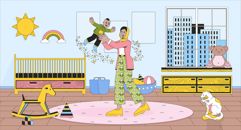 Mamãe brincando de bebê no berçário  Illustration