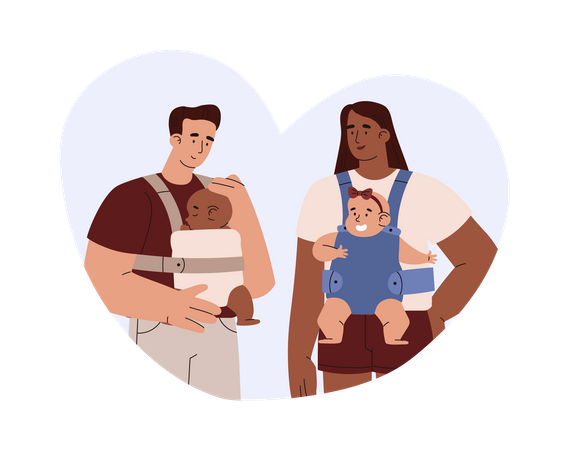 Mamãe e papai segurando bebês no sling  Ilustração