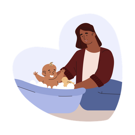 Mamãe lava o bebê no banho de espuma  Ilustração