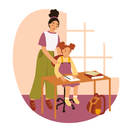 Maman aide sa fille à faire ses devoirs  Illustration