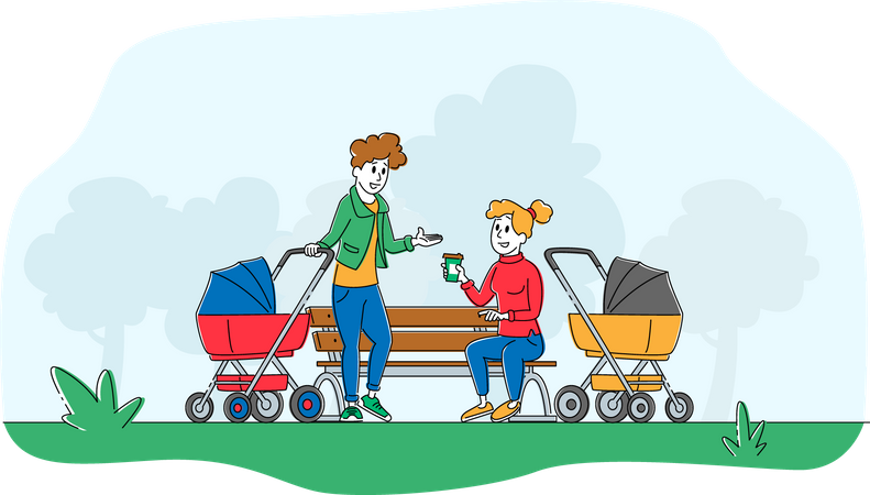 Maman avec une poussette pour bébé rencontrant des amis  Illustration