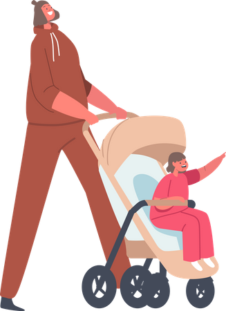 Maman et petit enfant dans un landau  Illustration
