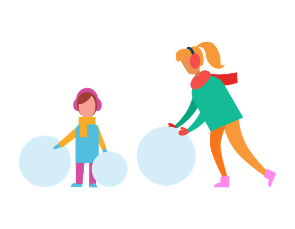Maman et enfant faisant un bonhomme de neige avec d'énormes boules de neige  Illustration