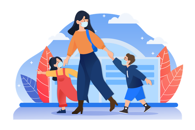 Maman et enfants avec masque marchant dans la rue  Illustration