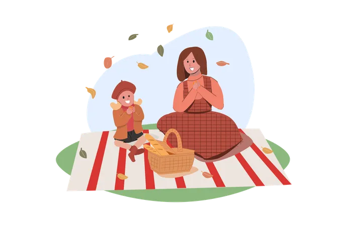 Maman et fille pique-nique au jardin  Illustration