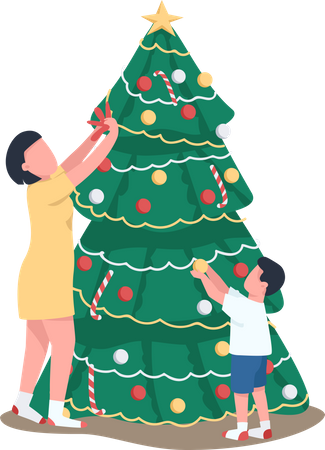 Maman et fils décorant le sapin de Noël  Illustration