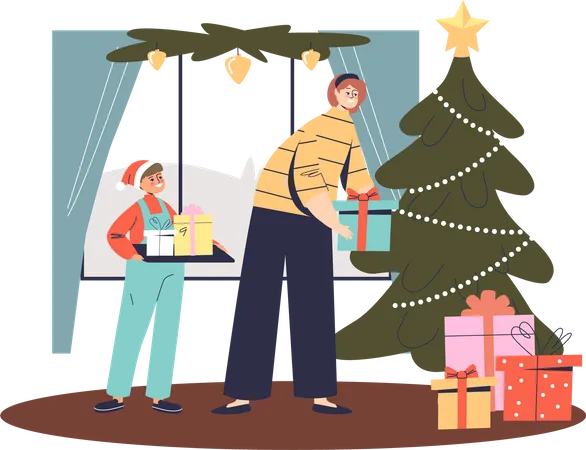 Maman et fils mettent des coffrets cadeaux de Noël pour Noël  Illustration