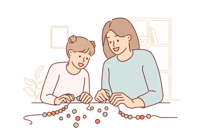 Maman et sa petite fille fabriquent ensemble un bracelet de perles DIY  Illustration