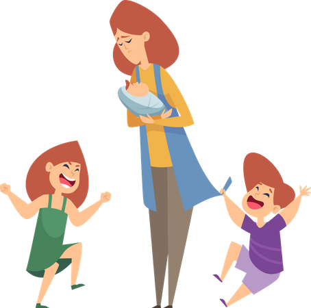 Maman fatiguée avec des enfants coquins  Illustration