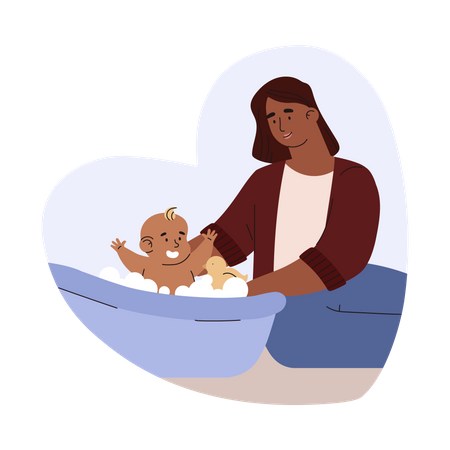 Maman lave le bébé dans un bain moussant  Illustration