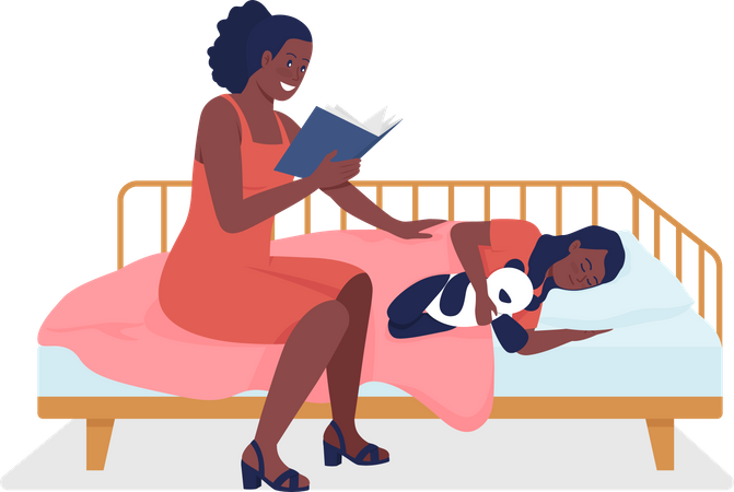 Maman lit une histoire de nuit pour sa fille  Illustration