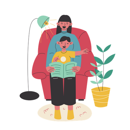 Maman lit un livre avec son enfant  Illustration