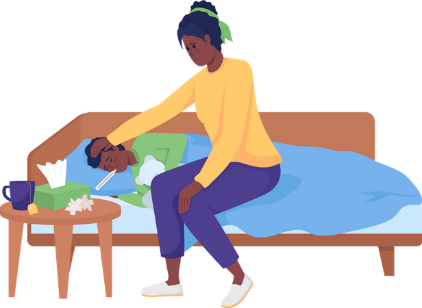 Maman s'occupe d'un enfant malade  Illustration