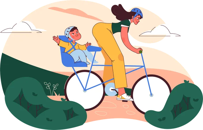 Mère va avec bébé à vélo  Illustration