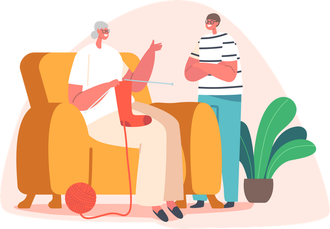 Mamie tricotant des chaussettes et parlant avec son petit-enfant  Illustration