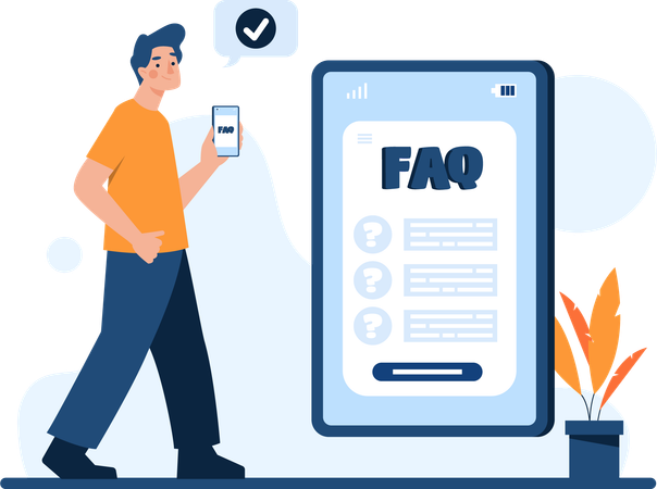 スマートフォンでFAQにアクセスする男性  イラスト