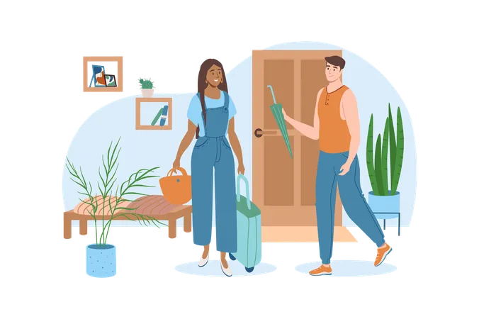 Travel Blue Concept With People Scene In The Flat Cartoon Design Man Accompanies His Wife On A Business Trip Vector Illustration Illustration