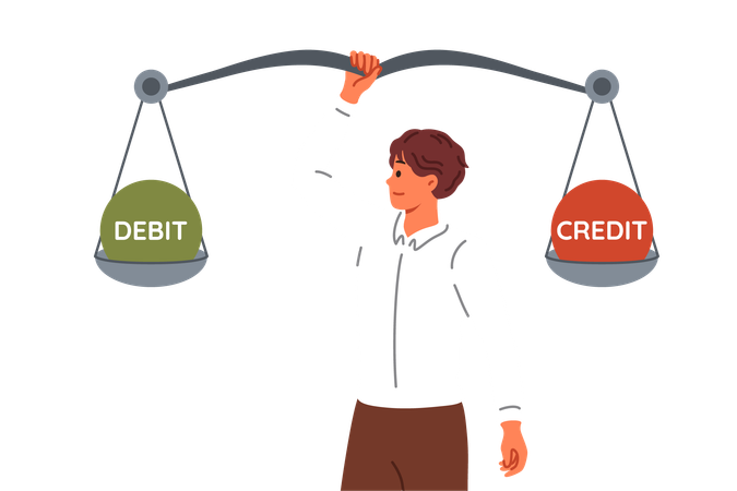 Man accountant compares debits and credits using giant scale to balance commercial company  Illustration