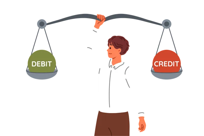Man Accountant Compares Debits And Credits Using Giant Scale To Balance Commercial Company Auditor Guy Demonstrates Skills In Analyzing Commercial Indicators To Find Profitable Place For Investment Illustration