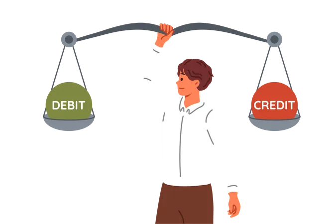 Man accountant compares debits and credits using giant scale to balance commercial company  Illustration