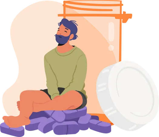 Male Character Sitting On On Huge Pile Of Medication Or Antidepressant Pills Near The Open Bottle Concept Of Illness Pain Or Disorder Treating With Depressed Man Cartoon People Vector Illustration Illustration