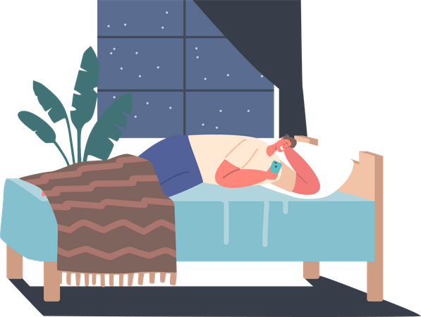 Man addicted to smartphone while sleeping  Illustration