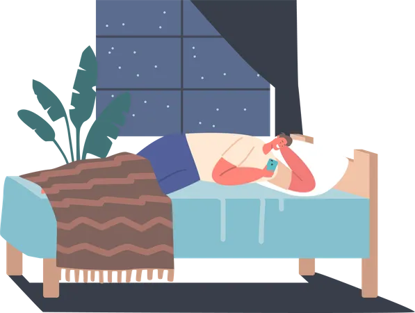 Man addicted to smartphone while sleeping  Illustration