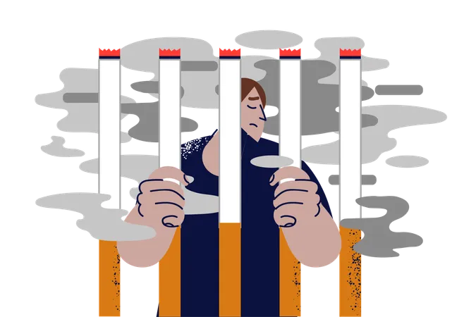 Man Addicted To Smoking Tobacco Is Locked Behind Bars Of Cigarettes Demonstrating Powerlessness In Getting Rid Of Addiction To Nicotine Smoking Addiction And Health Risks Or Risk Of Lung Cancer Illustration