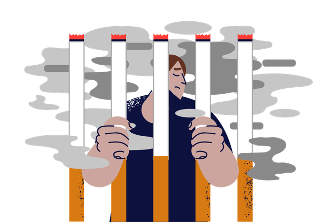 Man addicted to smoking tobacco locked behind bars of cigarettes  Illustration