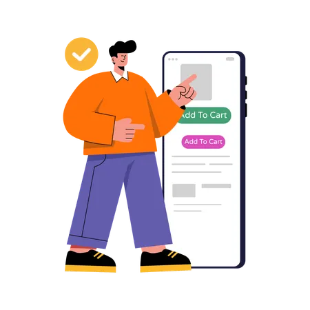 Man adding Item to Cart on Mobile  Illustration