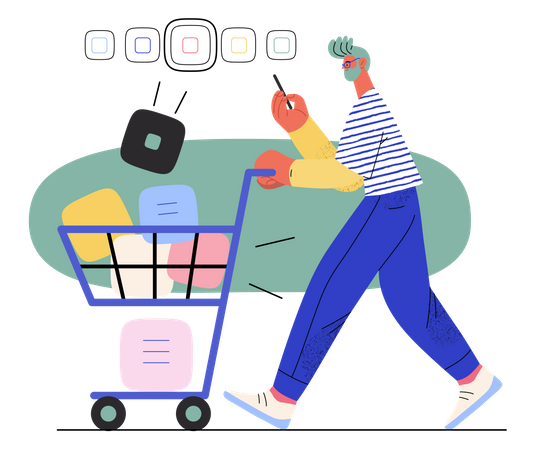 Man adding products to shopping cart  Illustration