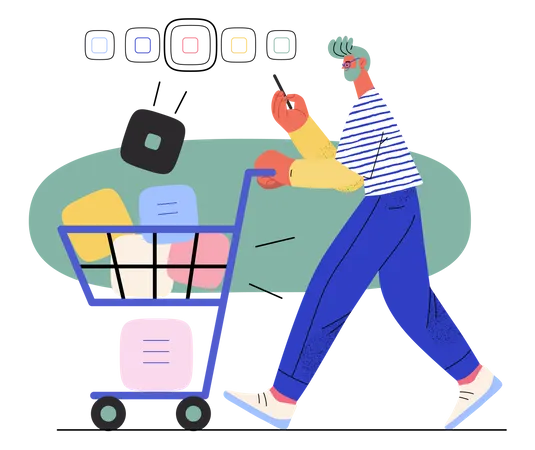 Man adding products to shopping cart  Illustration