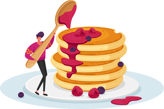 Man adding syrup to pancake Illustration