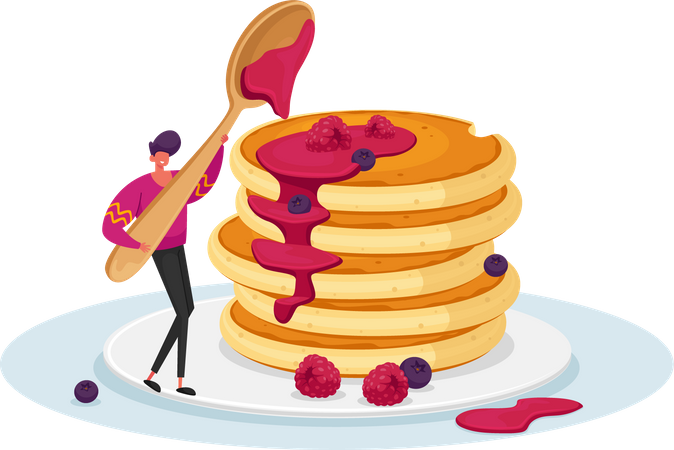 Man adding syrup to pancake  Illustration