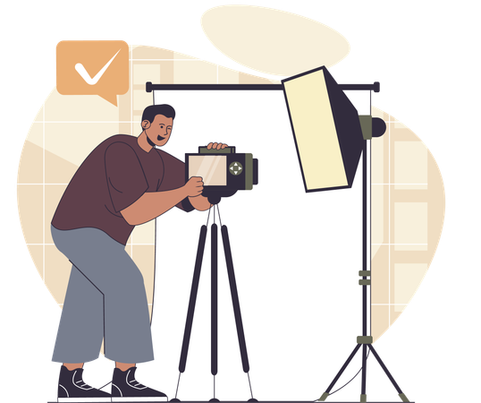 Man adjusting camera lens in studio  Illustration