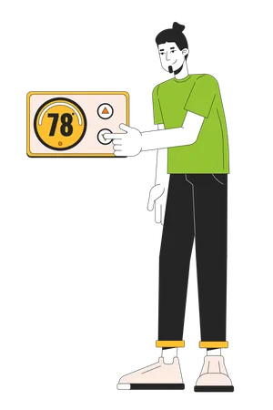 Adjusting Thermostat Line Cartoon Flat Illustration Keep House Warm 2 D Lineart Character Isolated On White Background Lower Electricity Usage Heating Control Switching Scene Vector Color Image Illustration