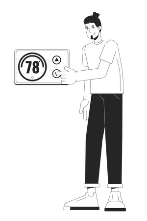 Adjusting Thermostat Black And White Cartoon Flat Illustration Keep House Warm 2 D Lineart Character Isolated Lower Electricity Usage Heating Control Switching Monochrome Scene Vector Outline Image Illustration