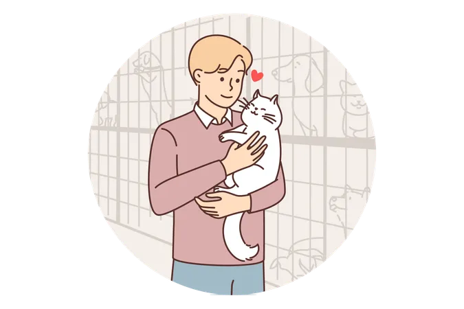 Man adopted cat from animal shelter  Illustration