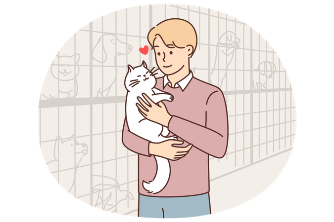 Man adopted cat from animal shelter, wanting to find new friend and pet for own home  Illustration
