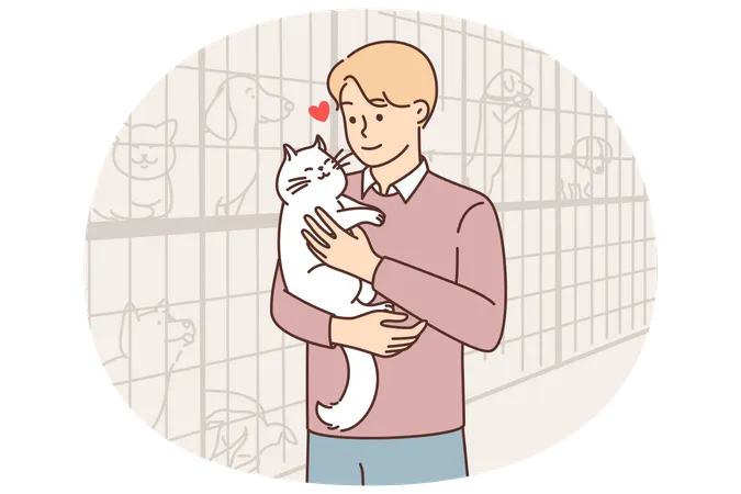 Man adopted cat from animal shelter, wanting to find new friend and pet for own home  Illustration