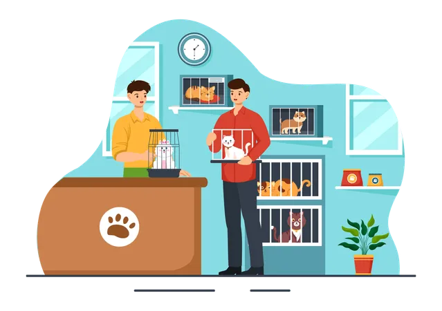 Vector Illustration Of An Animal Adoption Agency Featuring Adopt A Pet From An Animal Shelter With Cats And Dogs In The Flat Cartoon Background Illustration