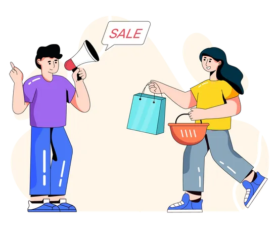 Man advertising sale and attracting female customer  イラスト