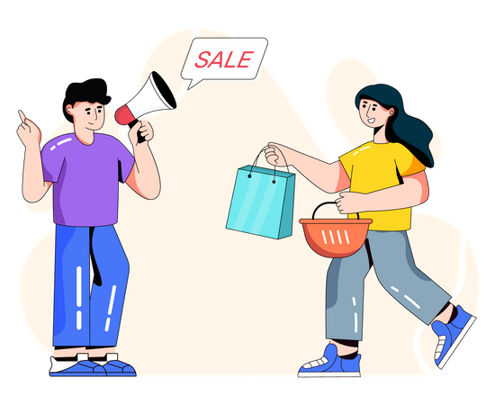 Man advertising sale and attracting female customer  Illustration