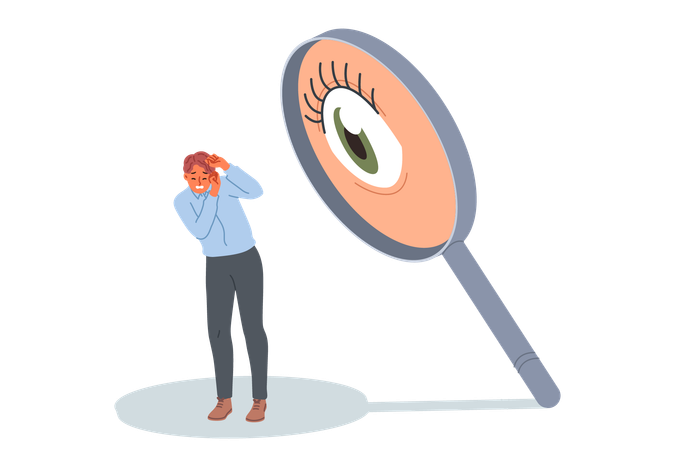 Man afraid of surveillance and pressure from giant eye in magnifying glass  Illustration