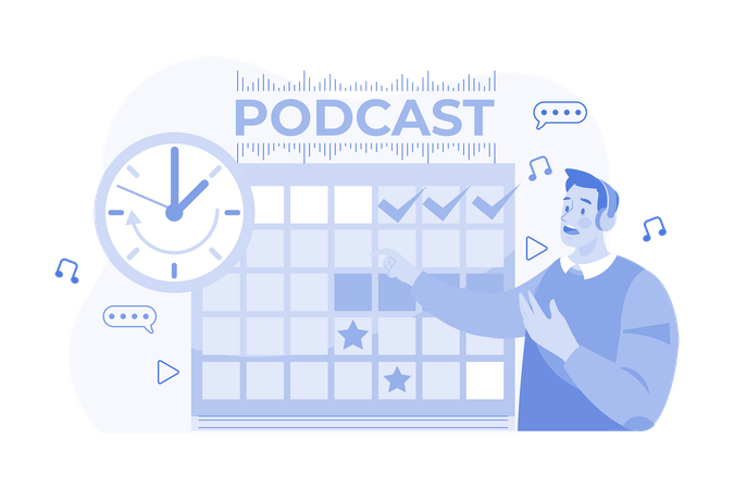 Homem agendando data de lançamento do podcast  Ilustração