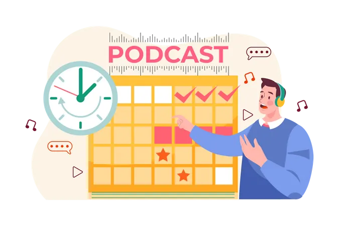 Homem agendando uma data de lançamento de podcast  Ilustração