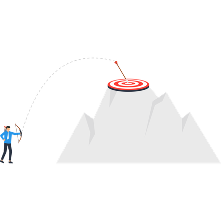 Man aiming arrow at target on mountain business goal achievement success  Illustration