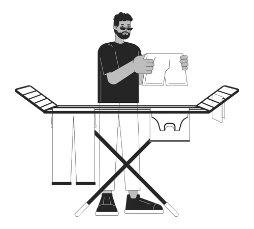 Air Drying Clothes On Rack Black And White Cartoon Flat Illustration African American Man 2 D Lineart Character Isolated Home Chores Saving Energy At Home Monochrome Scene Vector Outline Image Illustration